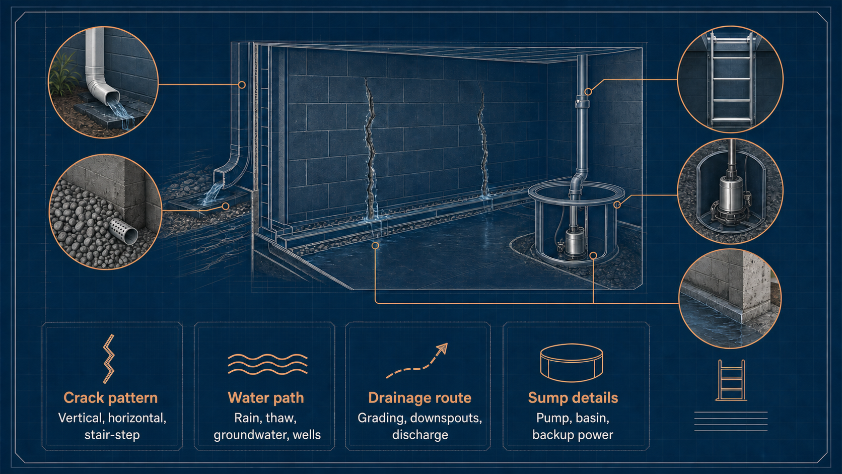 Blueprint-style infographic showing Duluth foundation cracks, water path, drainage route, and sump details