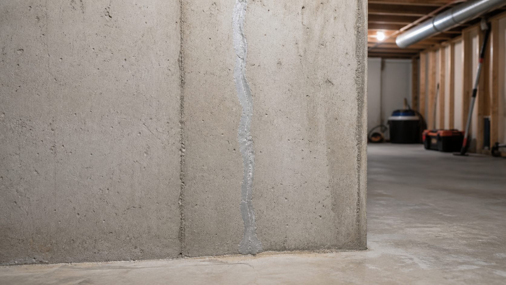 Repaired vertical foundation crack on an unbranded residential concrete basement wall